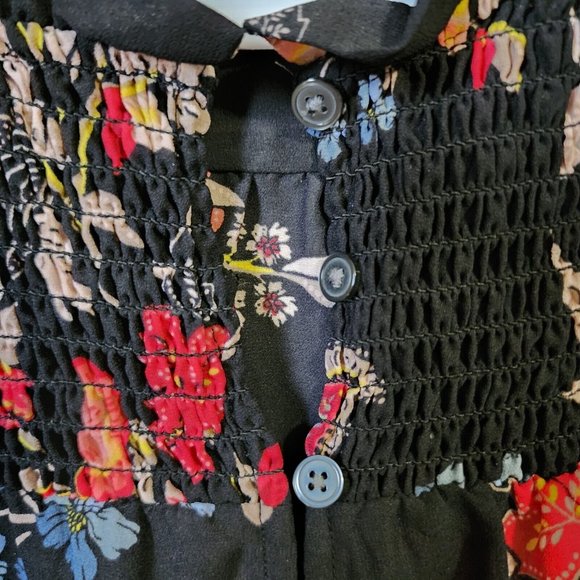 Loft Women's Long Sleeve Smocked V Neck Flowy Blouse Top Black Floral Size S - Picture 5 of 14